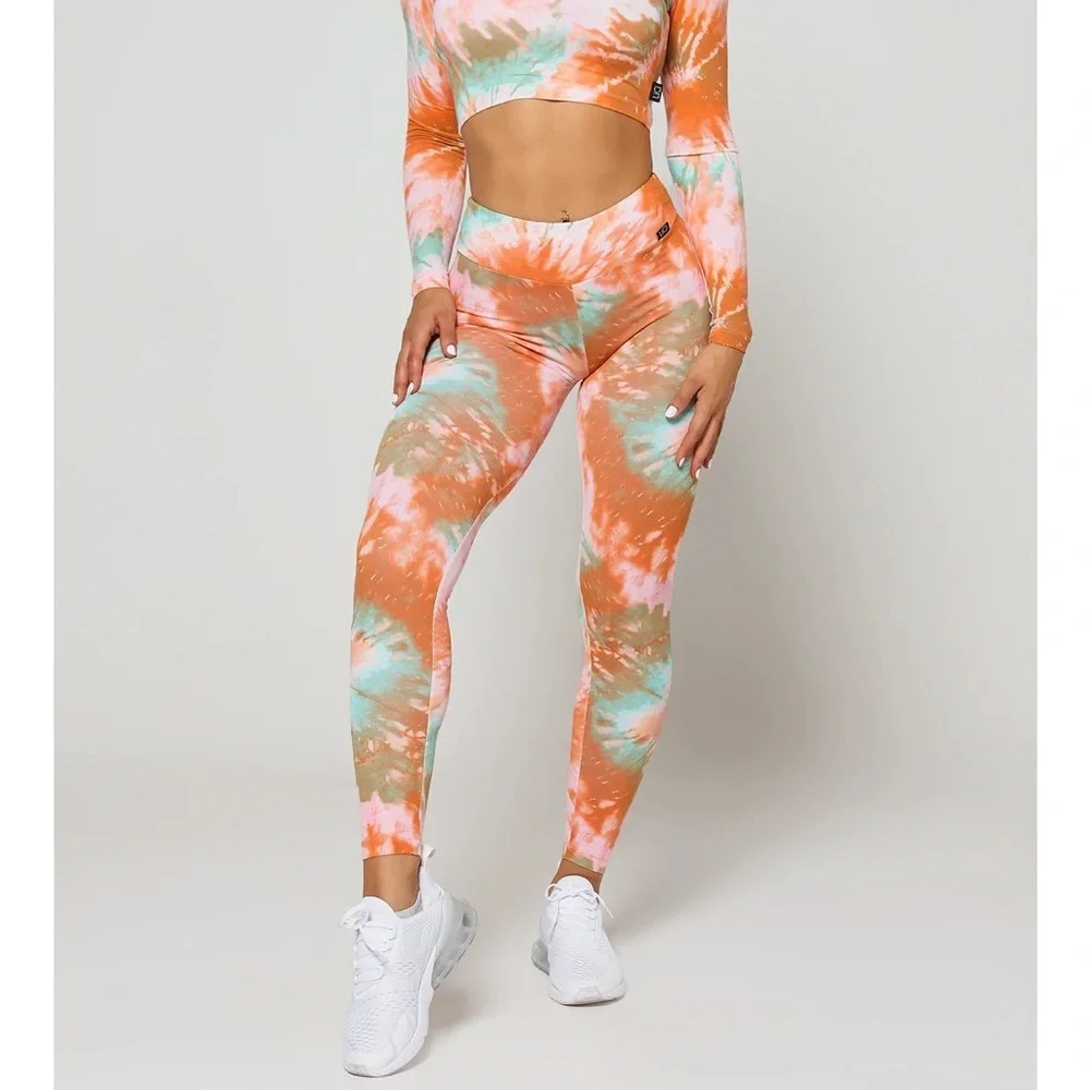 Lici Fit Tie Due Bloom Leggings Multicolored Orange Blue High Waisted Rise S